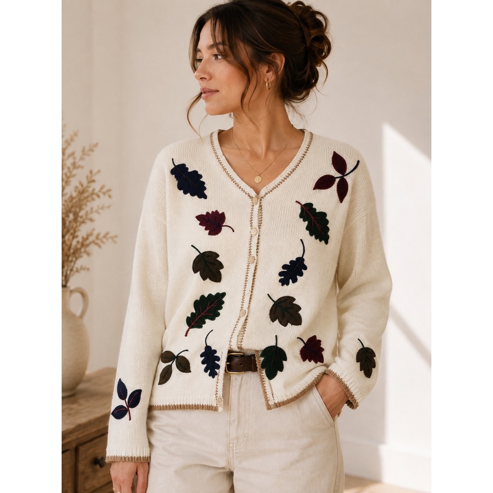 BonWorth Cardigan Sweater Womens Large Cream Autumn Leaf Embroidered Cottagecore